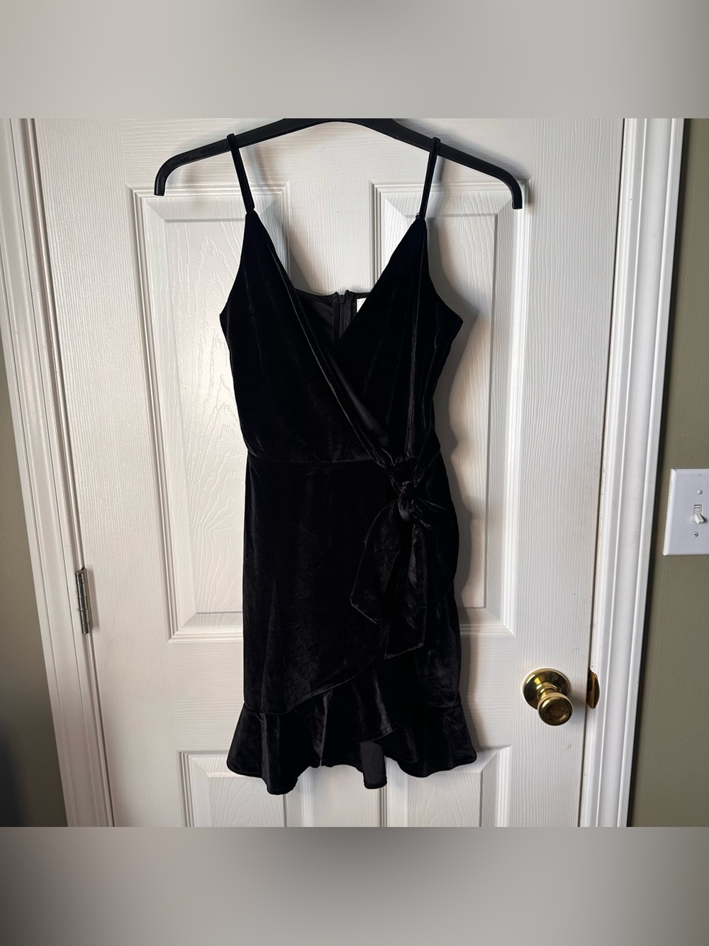 Size Small Black Velvet Wrap Mini Dress Ruffle Front Tie Adjustable Straps